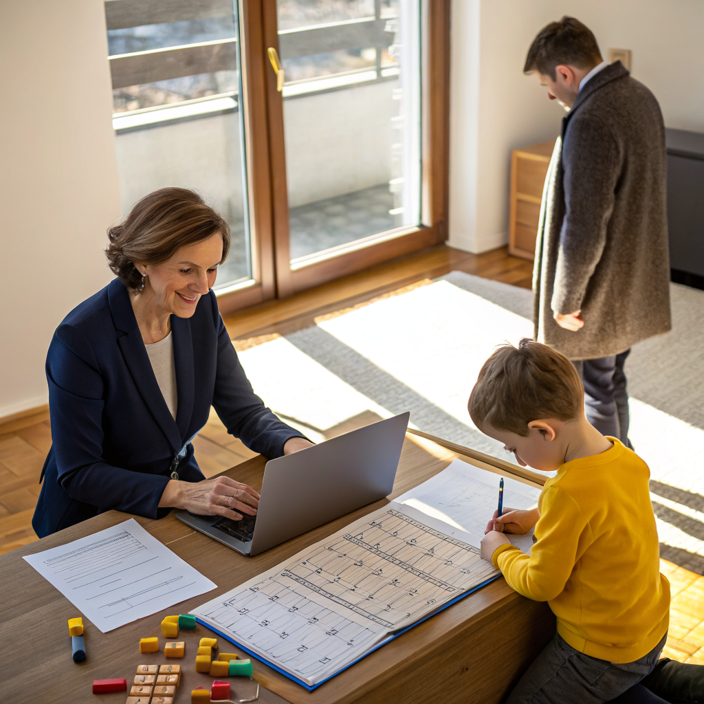 Neutral professional reviewing court-ordered visitation guidelines with focus and care