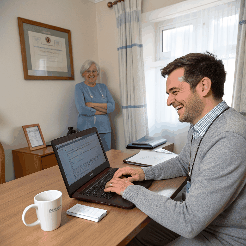 Professional intake coordinator reviewing family support documentation in a calm office setting