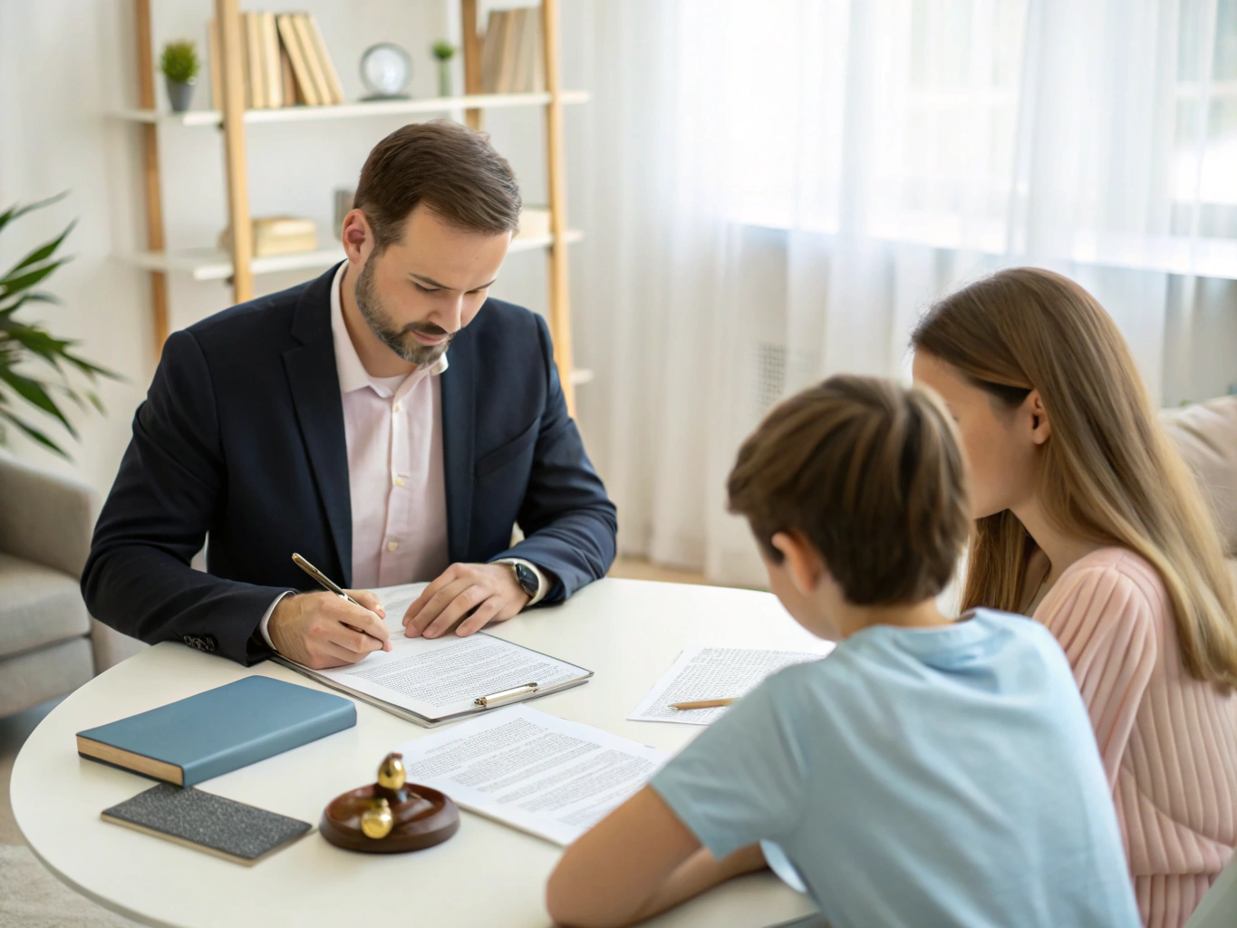 Professional team of supervised visitation specialists, judges, and legal experts collaborating in a neutral office setting